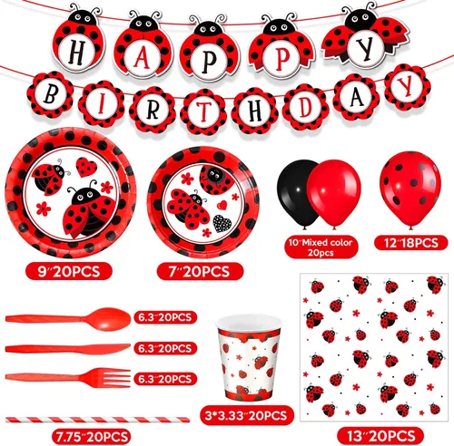 Miniatura 2 de Sumind Juego de 200 decoraciones de fiesta de cumpleaños con temática de mariquita, suministros para fiestas temáticas de mariquita, vajilla