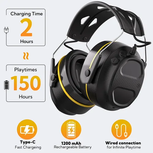Miniatura 5 de Gel Ear Pad Bluetooth Hearing Protection Headphones, 30dB SNR, 120H Playtime, Safety Earmuffs for Mowing, Landscaping