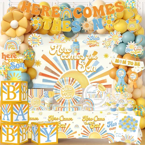 Here Comes the Son - Decoración para baby shower para niño, todo en 1, decoración bohemia retro para baby shower con arco de globos, cajas de bebé,