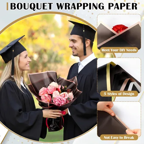 Miniatura 5 de 100 hojas de papel de regalo de flores negras para graduación 2026, suministro de ramo de floristería impermeable, 5 estilos de 22.2 x 22.2
