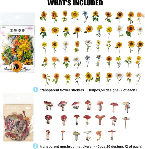 Miniatura 2 de Juego de calcomanías de flores – 140 piezas naturales de hongos florales botánicos, autoadhesivos, álbumes de recortes, calcomanías decorativas