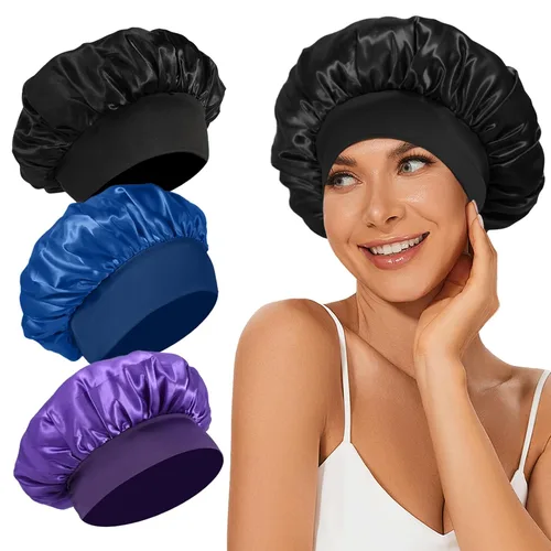 Miniatura 15 de 4 piezas de gorro de satén de seda, gorro de cabello para dormir, gorro de seda elástica de banda ancha para dormir, suave y transpirable