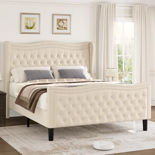 Miniatura 4 de Marco de Cama Queen con Cabecero y Piecero Altos, Marco de Cama Plataforma Tapizada en Terciopelo con Respaldo Acolchado con Botones Profundos Tipo