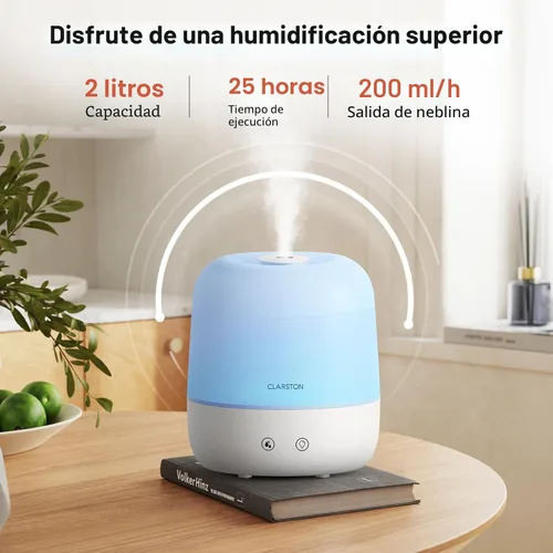 Miniatura 2 de Clarston Humidificador de niebla fría de 2 L para dormitorio con boquilla ajustable de 360°, niveles de niebla altos y bajos, ultra silencioso