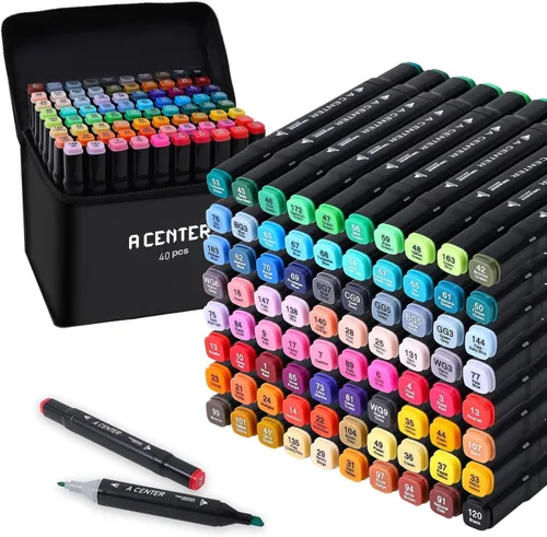 A CENTER Marcador de 48 colores con estuche, doble punta de pincel, marcadores de arte permanente para pintar libros, tarjetas, hacer ilustraciones