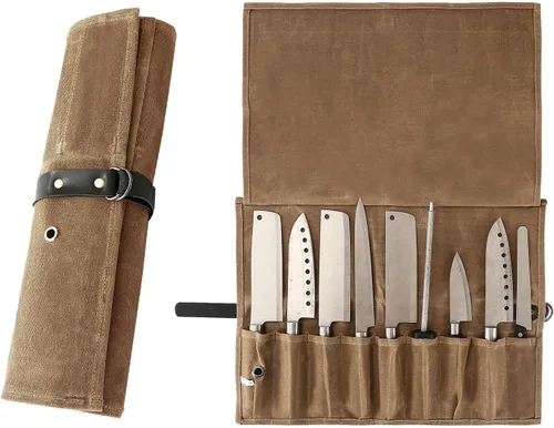 Miniatura 9 de Bolsa enrollable para cuchillos de chef, 9 bolsillos, funda de lona para cuchillos, cartera para cuchillos, protectores para cuchillos de chef