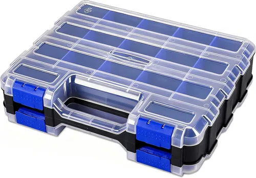 Miniatura 9 de Caja organizadora de herramientas, caja de almacenamiento de piezas pequeñas, 34 compartimentos, organizadores de hardware de doble cara con Amarillo