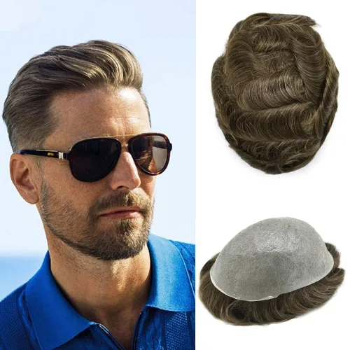 Miniatura 39 de Mens Toupee Remy, sistemas de reemplazo de cabello humano 0.002 in, tupé de piel fina para hombres, todos los trazos en V para hombres, protesis