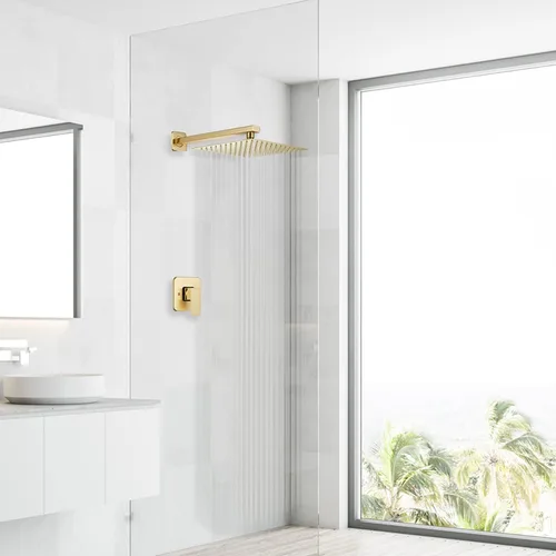 Miniatura 2 de Cabezal de ducha cuadrado de acero inoxidable dorado cepillado de 10 pulgadas, cabezal de ducha de lluvia, diseño ultrafino, mejor aumento