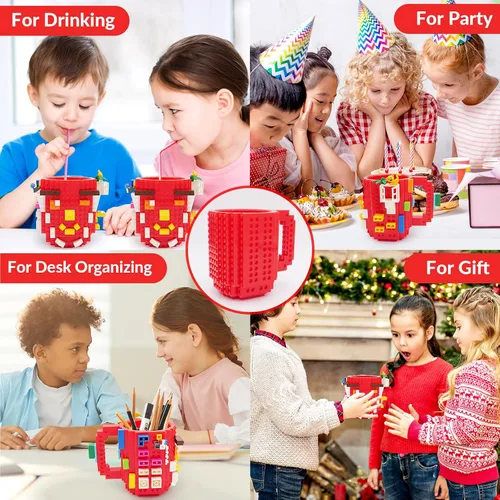Miniatura 8 de Lumsburry Taza de café de ladrillo integrada, divertida taza de bricolaje con bloques de construcción creativa para niños, hombres y mujeres, Rojo