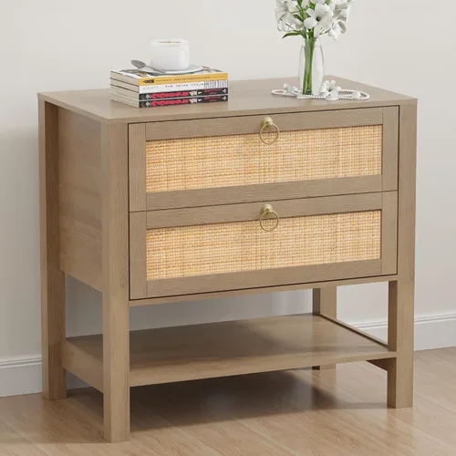 Miniatura 36 de Mesita de noche con 2 cajones de almacenamiento, mesa auxiliar moderna para dormitorio con asa recortada, mesitas de noche grandes para dormitorio