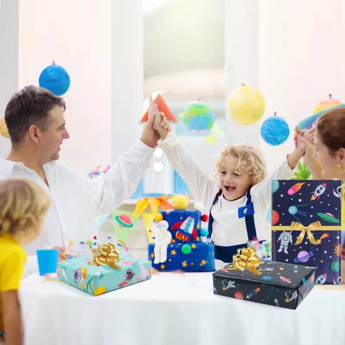 Miniatura 5 de Papel de regalo de cumpleaños para niños, niñas, niños, mujeres y hombres, papel de regalo con diseño de espacio exterior, 3 diseños, 9 hojas