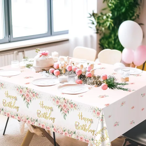 Miniatura 6 de Avezano 3 piezas de decoración de fiesta de oro rosa, manteles florales de feliz cumpleaños para niñas y mujeres, suministros de fiesta
