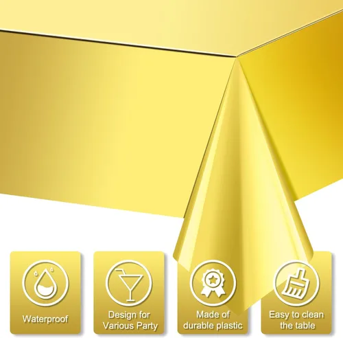 Miniatura 3 de Paquete de 3 manteles de plástico dorados, fundas rectangulares desechables, manteles de aluminio metálico holográfico, suministros de fiesta