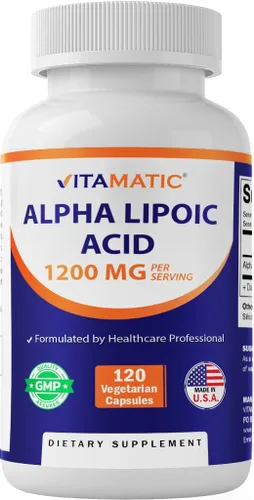 Vitamatic Ácido alfa lipoico 1200 mg por porción, 120 cápsulas – Sin gluten, cápsulas vegetarianas, sin soja y sin OMG