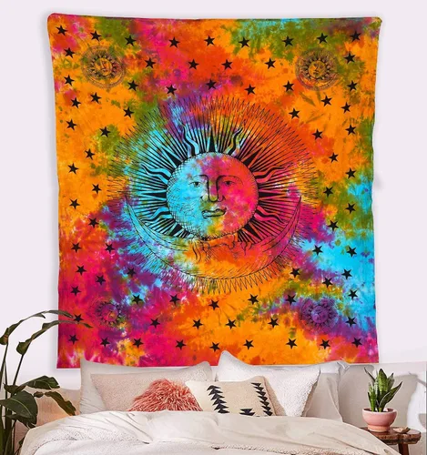 Miniatura 8 de ANJANIYA Tapiz de mandala de teñido anudado, celestial, sol, luna, estrella, planeta, bohemio, tarot, tapiz bohemio para colgar en la pared