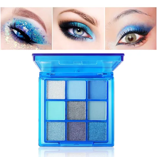 Miniatura 3 de Paleta de sombra de ojos azul, 9 colores, Mardi Gras Carnival prensado pigmento con purpurina, paleta de sombra de ojos impermeable, paleta