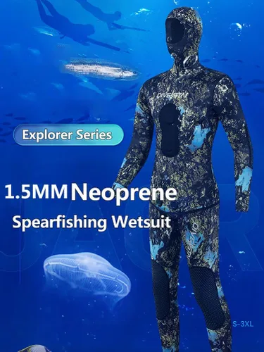 Miniatura 3 de Traje de neopreno de pesca submarina de 0.059 pulgadas con capucha, 2 piezas de camuflaje para caza de buceo, para buceo en agua fría