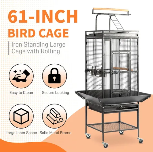 Miniatura 2 de VINGLI Jaula para pájaros con ruedas, jaulas para pájaros de 62 pulgadas con parte superior de juego, jaula de hierro forjado con soporte rodante