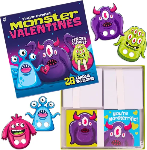 Paquete de 28 marionetas de dedo de monstruo con sobres, tarjetas de felicitación del día de San Valentín, juguetes a granel para fiestas, regalos