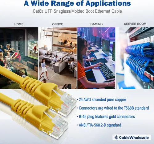 Miniatura 6 de CableWholesale Cable de conexión Ethernet Cat6a amarillo de 50 pies, sin enganches/arranque con conector RJ45, 500 MHz, 24 AWG, UTP