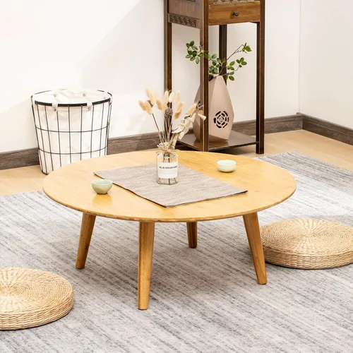 Miniatura 6 de Furlide Mesa de centro redonda de bambú, mesa de estilo japonés bajo para sala de estar, mesa de centro circular de mediados de siglo, mesas