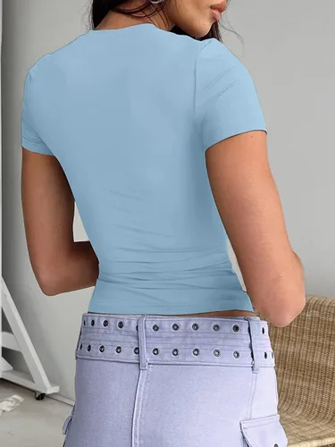 Miniatura 2 de Dwnval Camisetas básicas sexys para mujer, blusas de verano de manga corta con cuello redondo y ajuste entallado