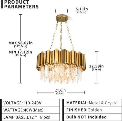 Miniatura 5 de Lámpara de araña moderna de cristal, 9 luces, lámpara de araña dorada, lámpara de comedor, sala de estar, dormitorio, vestíbulo, pasillo, candelabro