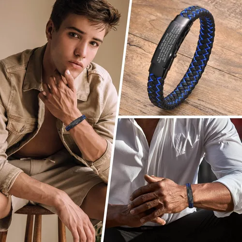 Miniatura 3 de VNOX - Brazalete ajustable de cuero trenzado azul hecho a mano con mantra inspirador para hombre, pulsera de estímulo, regalo motivacional