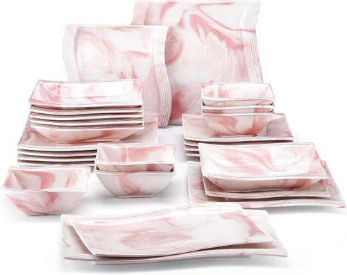 Miniatura 12 de MALACASA - Juegos de vajilla para 6, 30 piezas de platos y tazones de porcelana, juego de vajilla cuadrada con plato para cena y tazón, taza y Azul