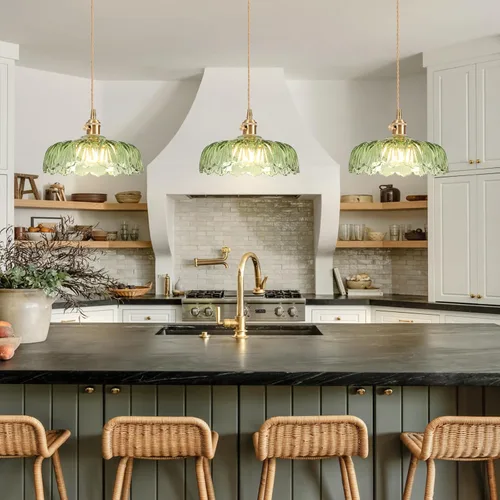 Miniatura 6 de Luces Colgantes para Isla de Cocina, Luz Colgante de Cristal Verde Accesorios de Iluminación Vintage, 9.4 pulgadas E26 Acabado Lámpara Colgante