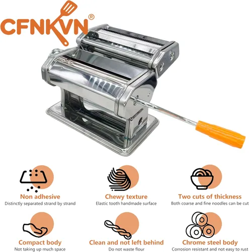 Miniatura 2 de Máquina para hacer pasta, estilo clásico italiano manual con 3 cortadores para espaguetis, fettuccine, lasaña, acero resistente, esfera de fácil