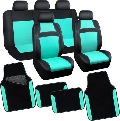 Miniatura 7 de CAR PASS Juego completo de fundas de asiento de automóvil de malla de aire 3D y 4 alfombrillas impermeables para piso de automóvil con esponja Gris