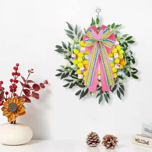 Miniatura 5 de Meseey Arco grande de arpillera de Pascua, coronas de 20 x 10 pulgadas, lazos de conejo de primavera para envolver regalos, decoración del árbol