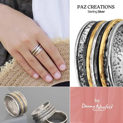 Miniatura 4 de Paz Creations - Anillos giratorios de plata de ley 925 para mujeres y hombres, anillo de meditación de banda gruesa con patrón martillado, joyería