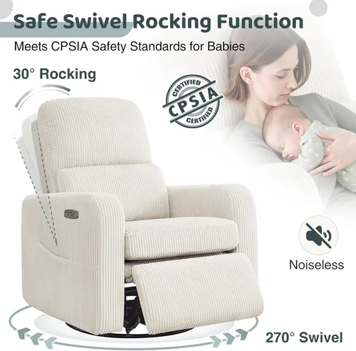 Miniatura 3 de Mecedora Reclinable Giratoria, Reclinable Eléctrico de Gran Tamaño con Cojín Removible, Sillas de Guardería Reclinables Giratorias Tapizadas