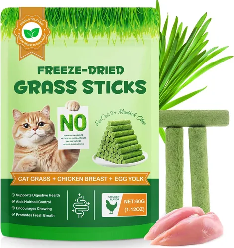 Palitos de hierba para gatos liofilizados para dentición, alto contenido de carne para control de bolas de pelo y masticables de salud dental,