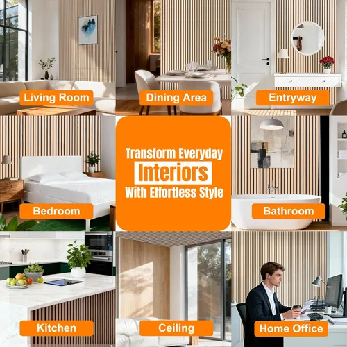 Miniatura 3 de Paneles de pared de listones de madera acústica, paneles insonorizados de roble blanco para decoración de paredes interiores, diseño moderno, 94 x
