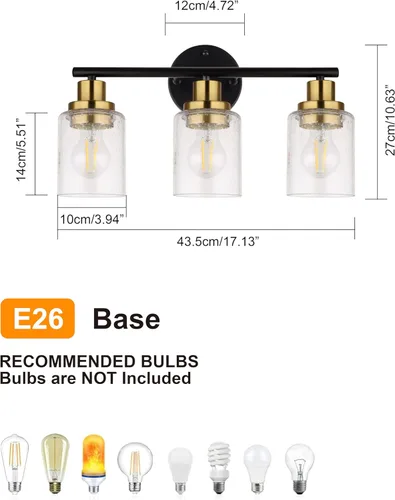Miniatura 2 de Ldeco Luces de tocador de 3 luces para baño, lámpara de baño negra y dorada con pantalla de vidrio transparente de burbujas, luces modernas