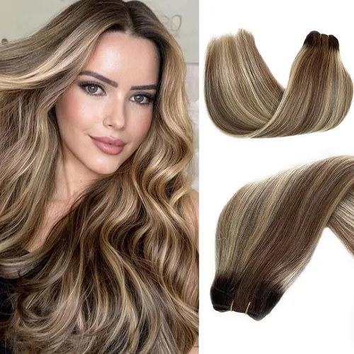 Miniatura 13 de Extensiones de trama de cabello humano real, para coser, con mechas rubias, cabello Remy marrón cenizo mezclado con rubio platino, atado a mano - 14