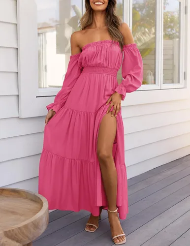 Miniatura 2 de ZESICA - Vestido largo, bohemio y sexy, con hombros descubiertos y manga larga fruncida, con elástico fruncido, cintura alta y abertura lateral