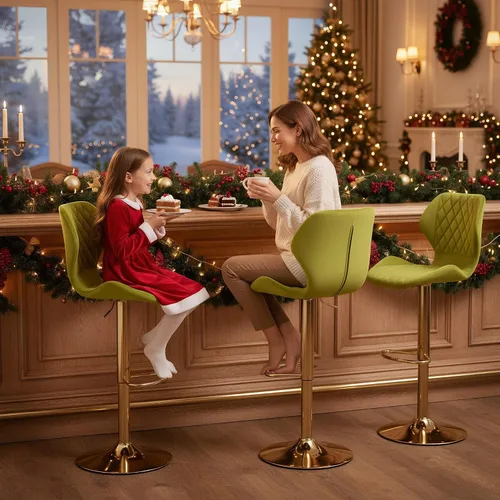 Miniatura 3 de Juego de 2 taburetes de bar de terciopelo ajustables verdes con patas doradas, modernas sillas de bar giratorias para isla de cocina, comedor, bar