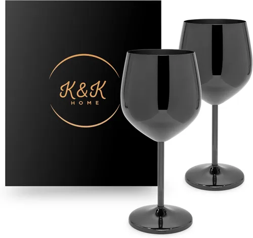 K&K Home Copas de vino irrompibles de acero inoxidable cromado negro, 18 onzas, juego de 2 copas de vino de metal de colores, perfectas para