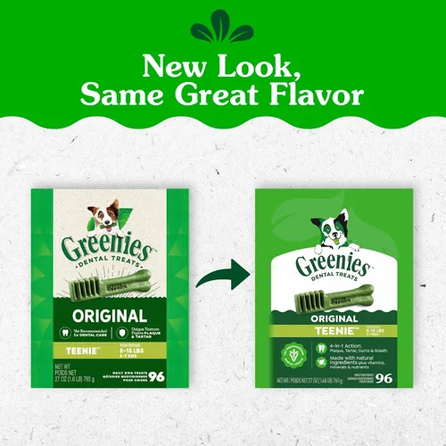 Miniatura 2 de Golosinas naturales recomendadas por veterinarios Greenies para la salud dental de perros tamaño TEENIE, sabor original, paquete de 27 onzas, 96