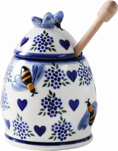 Miniatura 10 de ZOOBEE Tarro de miel de cerámica de 10 onzas con tapa y tapa pintada a mano con diseño natural, pequeño recipiente portátil para miel para cocina