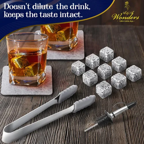 Miniatura 2 de A&A Wonders Juego de 9 piedras de whisky de alta calidad, 100% natural, de granito natural, cubos de hielo reutilizables para bebidas con bolsa de 9