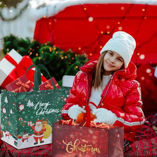 Miniatura 5 de AhfuLife 12 piezas bolsas de regalo de Navidad extra grandes, 15.7'' x 14.2'' x 5.9'', bolsas tipo tote de Navidad con asas, bolsa de compras B: 12