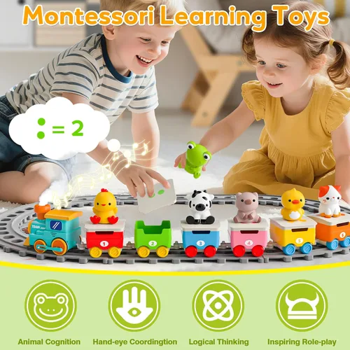Miniatura 4 de Juguetes de tren de animales de granja para niños de 2 a 4 años, juego de tren eléctrico para niños con música, vapor y luces, juguetes