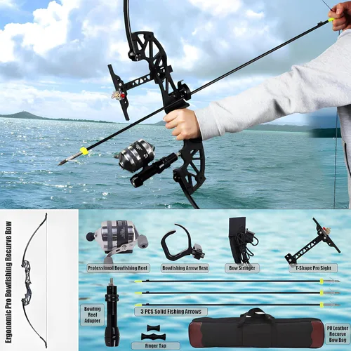 Miniatura 3 de Kit combinado de pesca de arco recurvo Takedown de 53 pulgadas, 30/40 libras solo para mano derecha arco de pesca con carrete de pesca y flechas