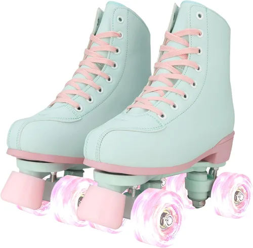 XUDREZ Patines de ruedas para niñas y mujeres, de piel sintética verde claro, para interiores y exteriores, con ruedas de luz rosa para jóvenes,